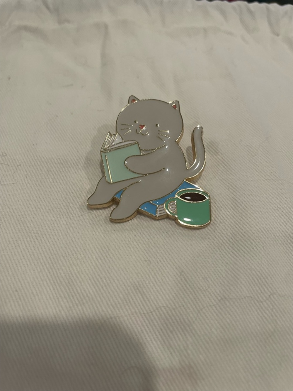 Cute Gray Cat Reading Enamel Pin with Mint Accents